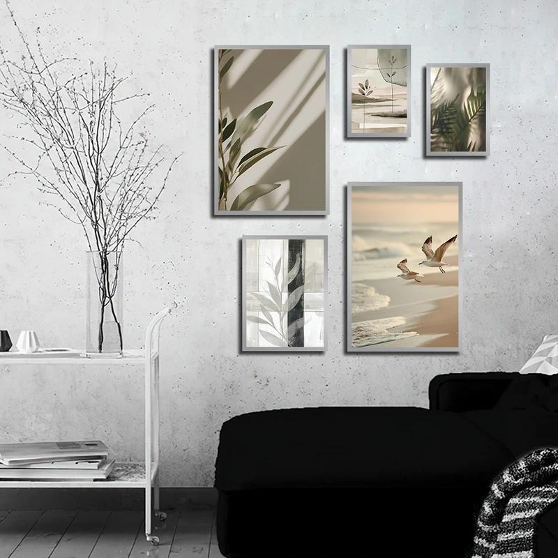 تابلو بکلیت طرح طبیعت و ساحل دریا و پرنده مدل SI-3415 فریم نقره ای مجموعه 5 عددی