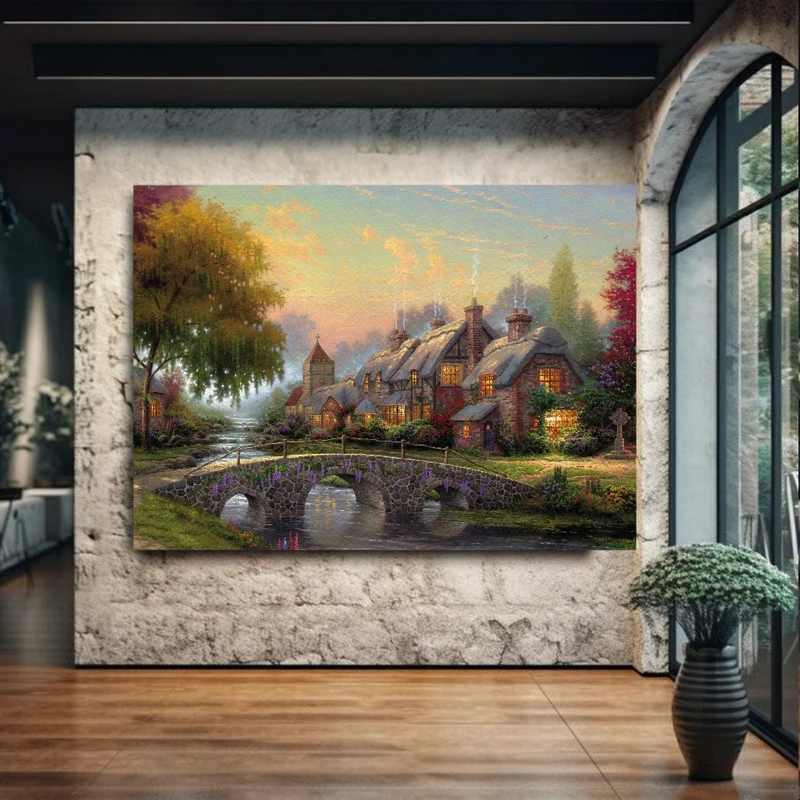 تابلو بوم طرح مخمل مدل منظره رودخانه و پل سنگی کد PM1023