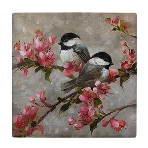  کاشی کارنیلا طرح نقاشی دو پرنده روی شاخه شکوفه بهاری کد wkk973
