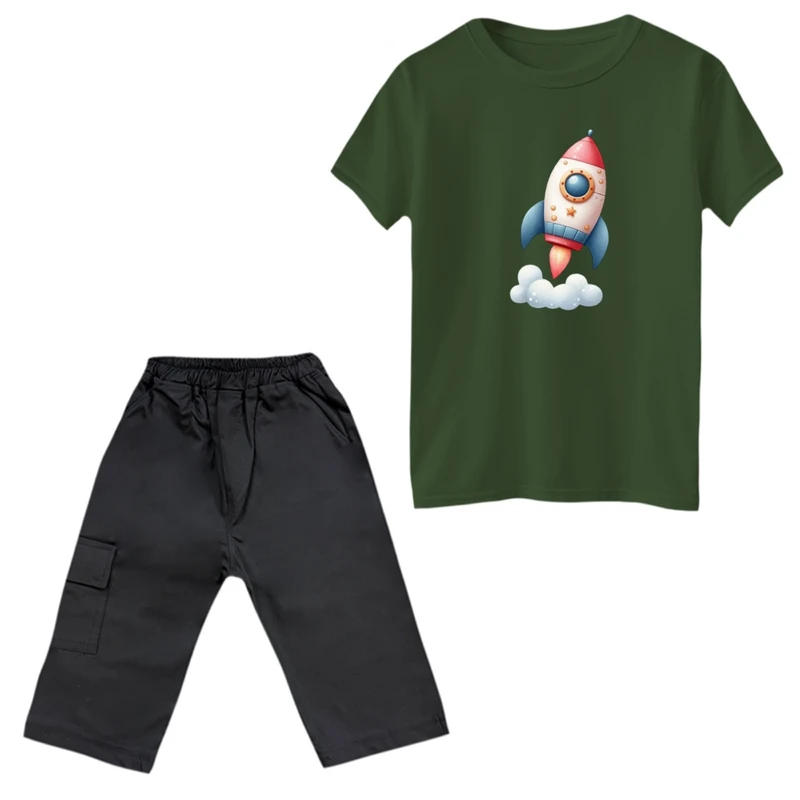 ست تی‌شرت و شلوارک پسرانه مدل موشک فضایی