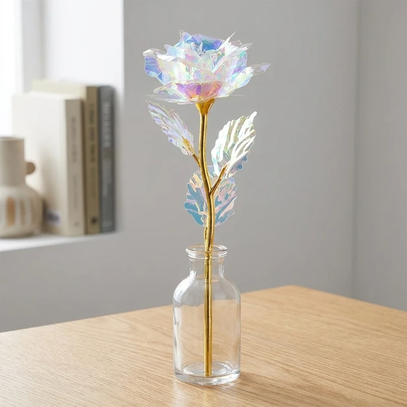 گل مصنوعی رز مدل m01 از جنس PVC با ابعاد 9×9×23 سانتی‌متر و وزن 90 گرم