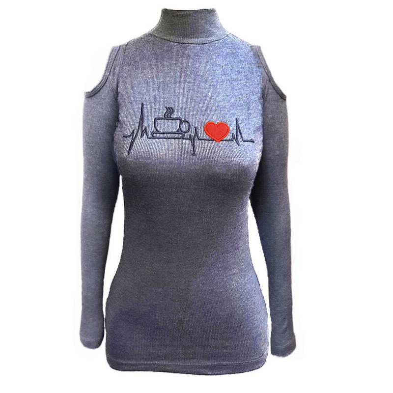 بلوز آستین بلند زنانه مدل سرشانه باز ضربان قلب کد AS1231 رنگ طوسی