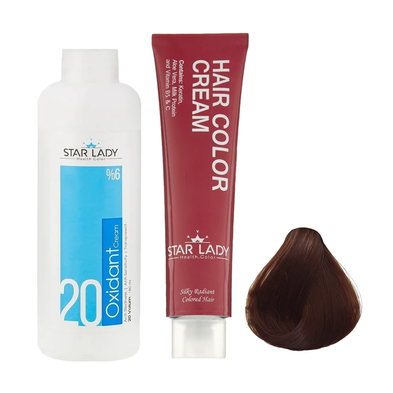 رنگ مو استارلیدی شماره 5.5 حجم 120 میلی لیتر رنگ قهوه ای طلایی روشن به همراه اکسیدان استارلیدی مدل 20 شش درصدی حجم 180 میلی لیتر