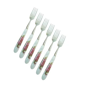 چنگال میوه خوری مدل دسته سرامیک گلدار کد FF33 بسته 6 عددی