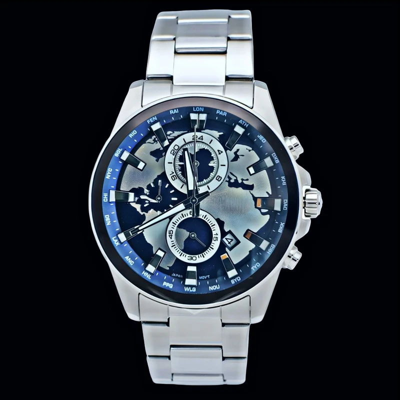 ساعت مچی عقربه‌ای کوارتز مردانه مدل سه موتور فعال کورنوگراف جهان نما کد 105