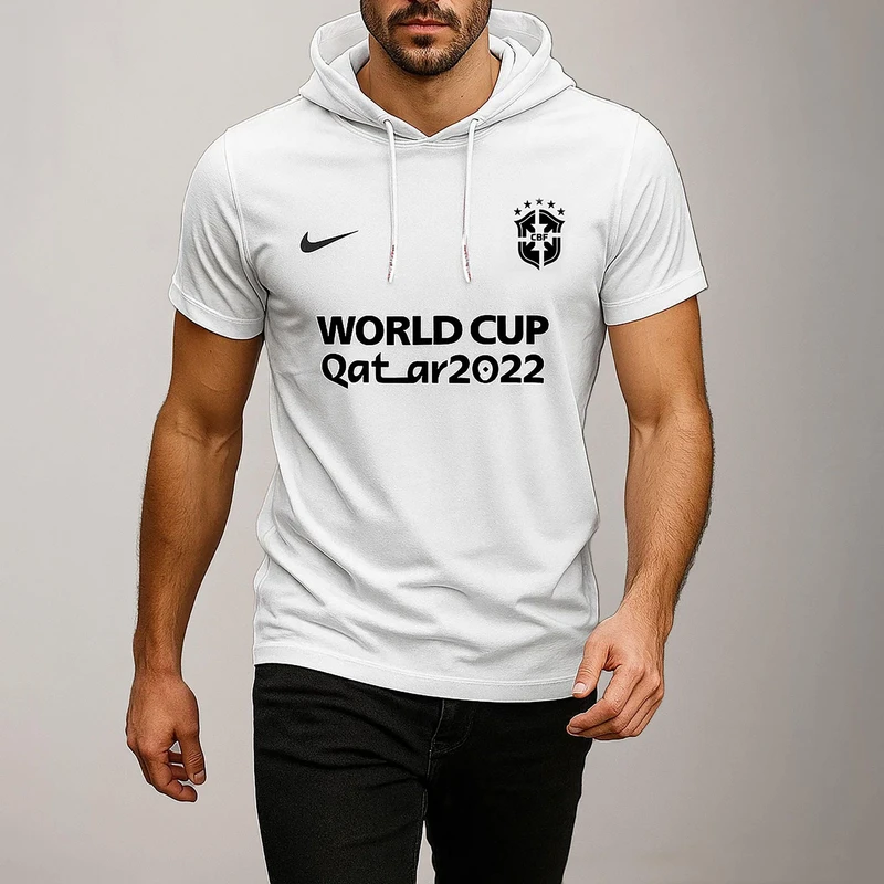 تی شرت کلاه دار مردانه مدل 1401120 طرح جام جهانی رنگ سفید