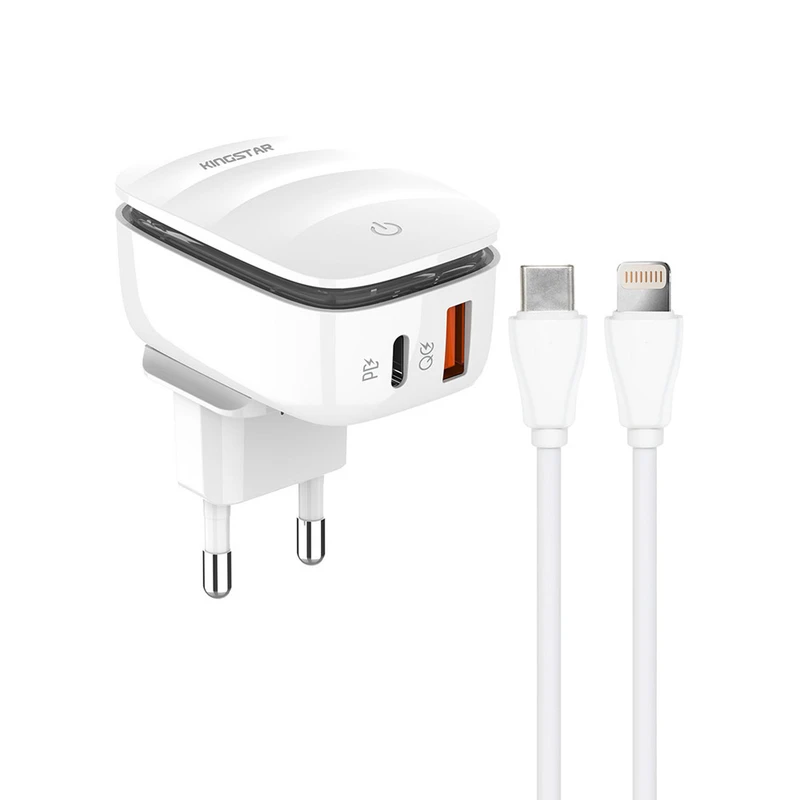 شارژر دیواری 20 وات کینگ استار مدل KW193i PD به همراه کابل لایتنینگ به USB-C