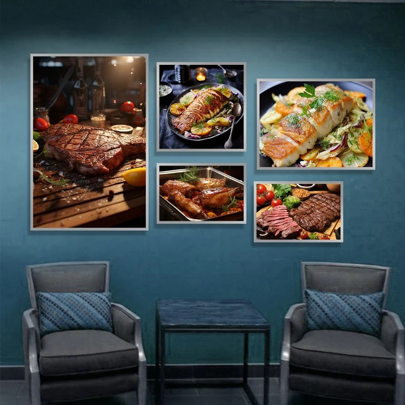 تابلو بکلیت مدل طرح رستوران استیک گوشت و ماهی SI-1140 مجموعه 5 عددی