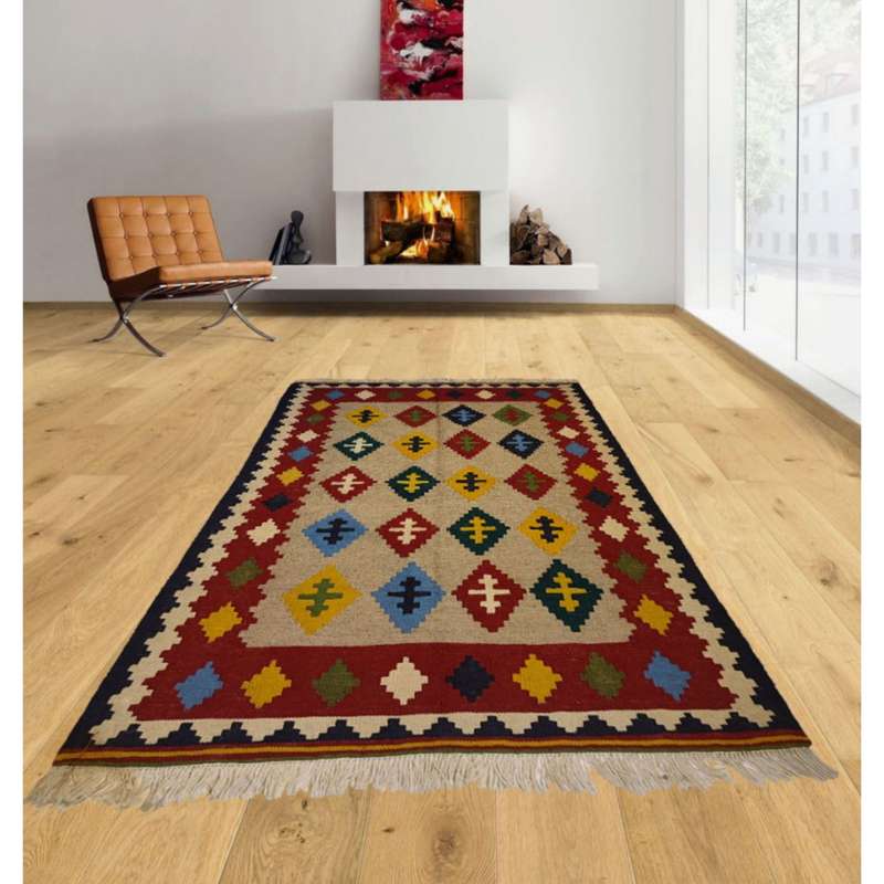 گلیم دستباف یک و نیم متری طرح لوزی مدل HA11