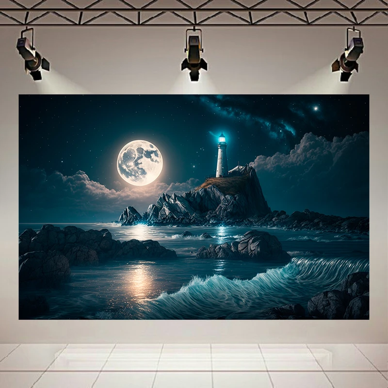 تابلو بوم طرح مخمل ماه و فانوس مدل دریایی کد PD1045