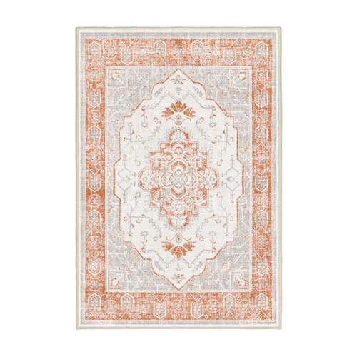 فرش ماشینی 1200 شانه اورکوم زمینه طوسی حاشیه آجری طرح تانو کد OR.1114.01