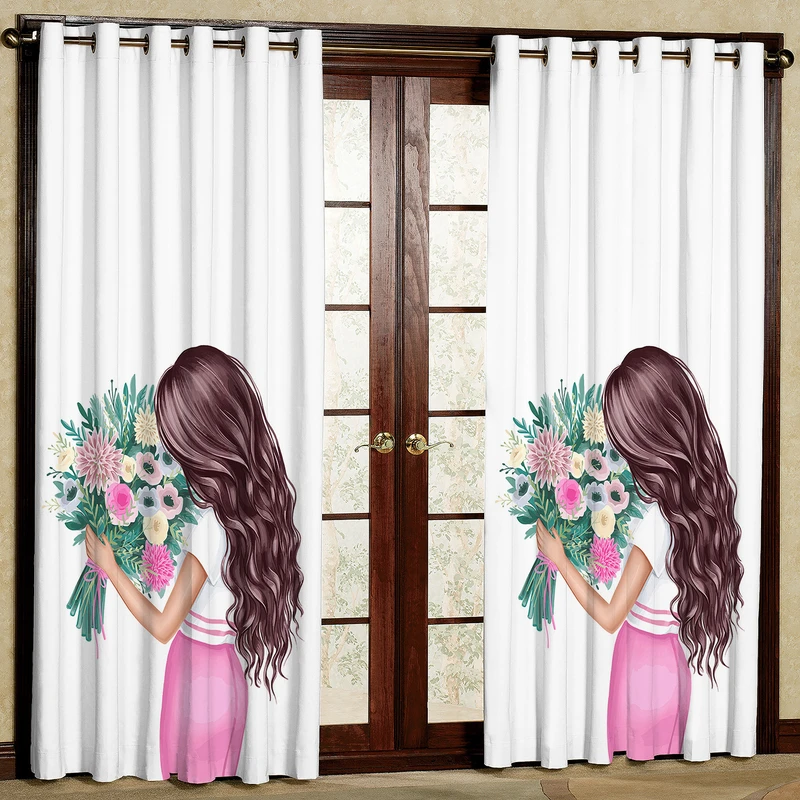 پرده مدل دختر و دسته گل هازان پانچی کد 4511 سایز 140x200 سانتی متر