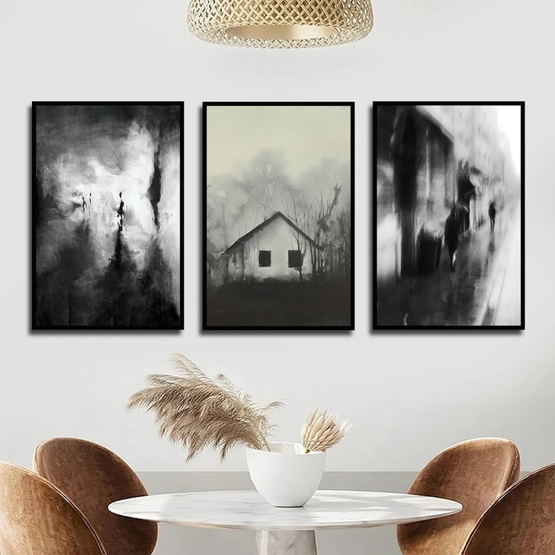 تابلو بکلیت طرح سیاه قلم جنگل و مه مدل شاین اکلیلی B-2420 مجموعه 3 عددی