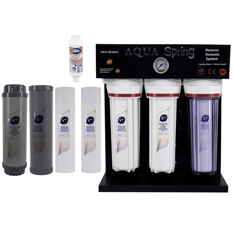 دستگاه تصفیه کننده آب آکوآ اسپرینگ مدل RO-S7-BZ 7700 به همراه مجموعه فیلتر چهار عددی و رسوبگیر گلیتز
