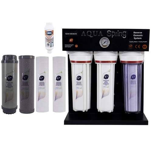 دستگاه تصفیه کننده آب آکوآ اسپرینگ مدل RO-S7-BZ 7900 به همراه مجموعه فیلتر چهار عددی و رسوبگیر گلیتز 