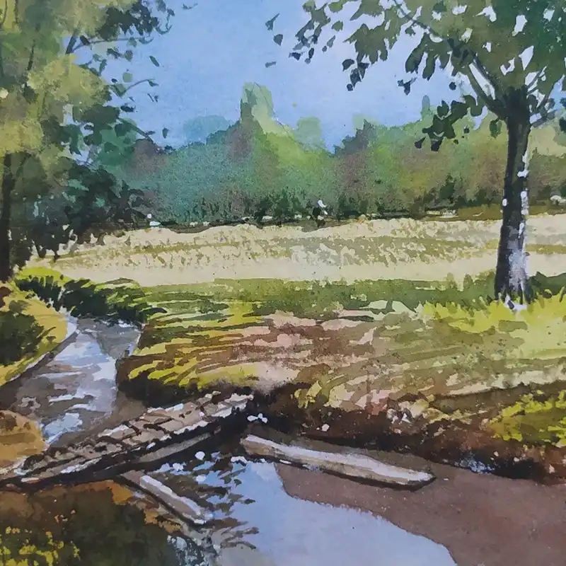 نقاشی آبرنگ طرح پلی روی رودخانه کد 73