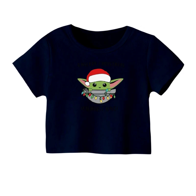 کراپ‌ تی‌شرت آستین کوتاه زنانه مدل بیبی یودا کریسمس کد 4