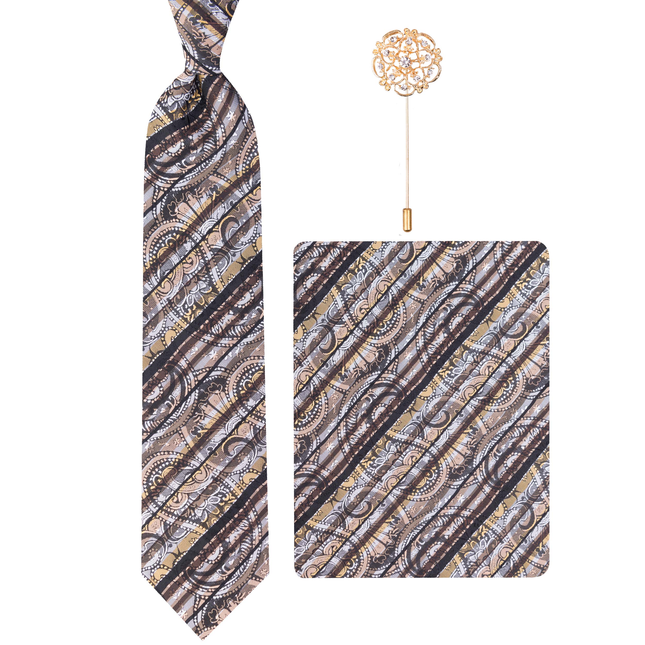 ست کراوات و دستمال جیب و گل کت مردانه مدل GF-ST1057RE-BR 