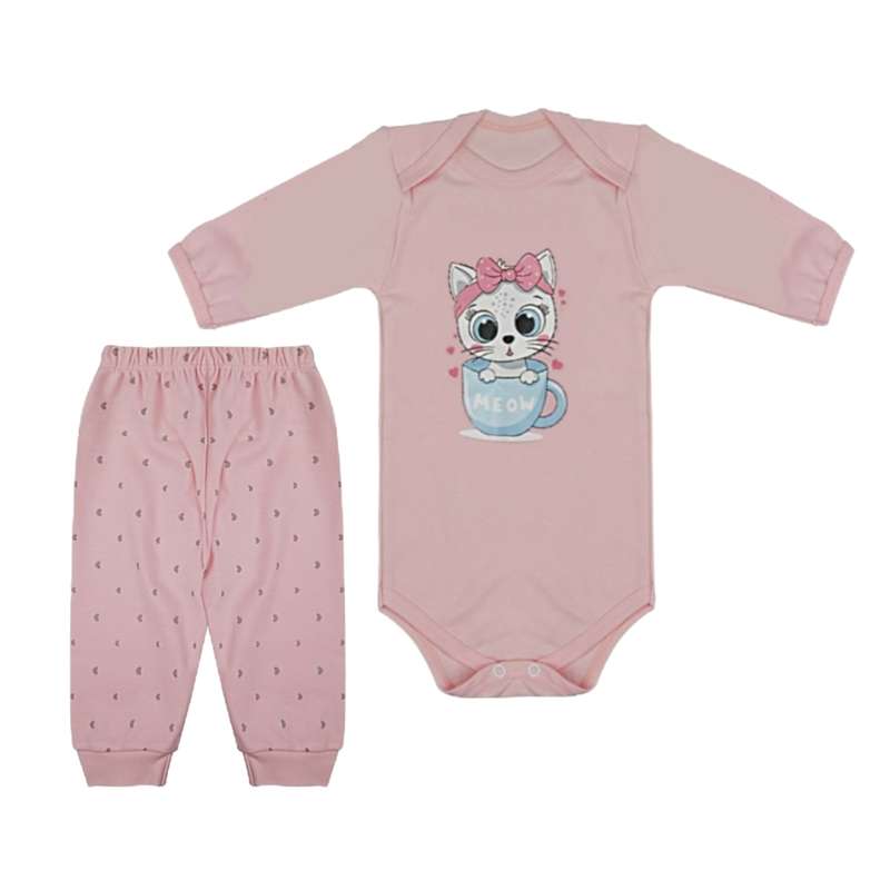 ست بادی آستین بلند و شلوار نوزادی مدل گربه و فنجان کد 301