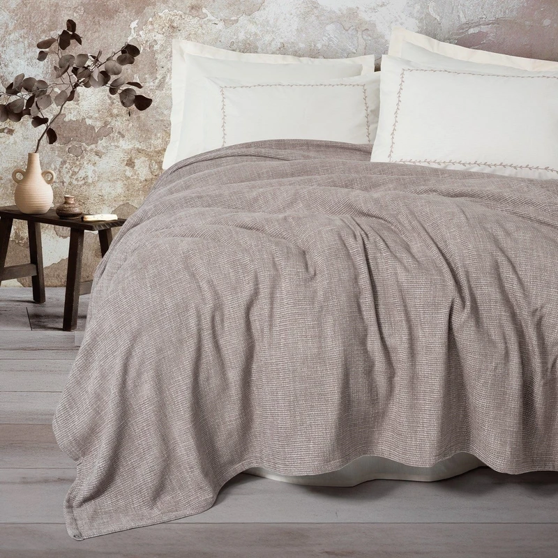 سرویس روتختی دو نفره 6 تکه کاتن باکس مدل Embrova Sonil Loom Bej Pike Takimi C.K