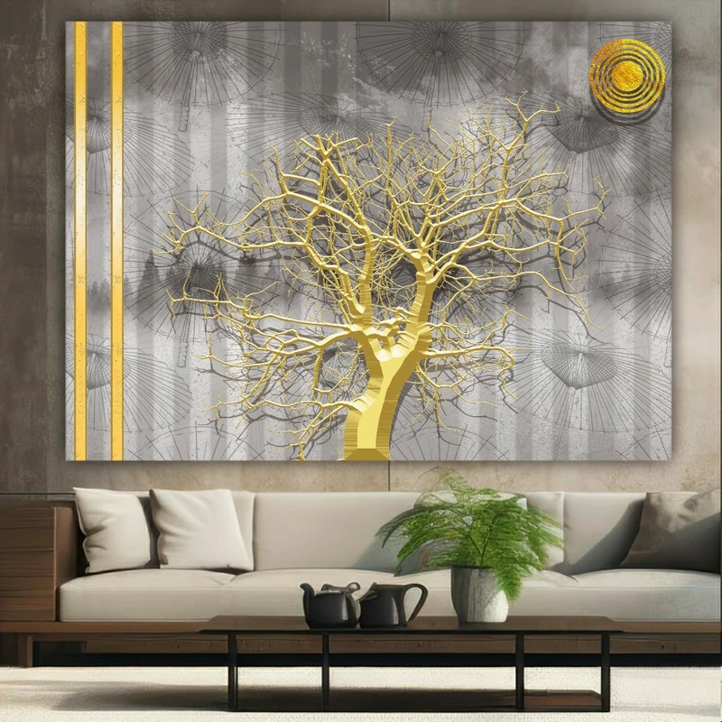 پوستر پارچه ای طرح مخمل مینیمال درخت مدل طلایی کد FP105866