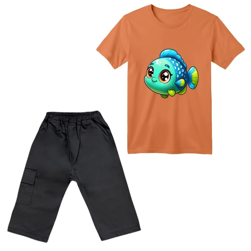 ست تی‌شرت آستین کوتاه و شلوارک پسرانه مدل ماهی کارتونی کد 01