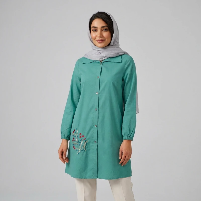 مانتو زنانه داکرون پنبه آستین بلند مدل گلدوزی
