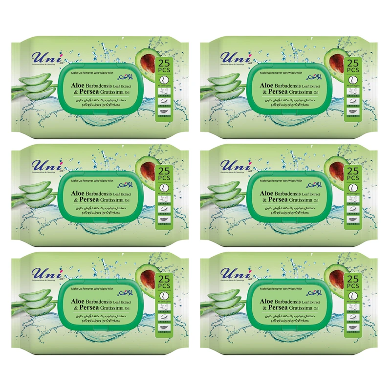 دستمال مرطوب یونی لد مدل پاک کننده آرایش آلوئه ورا و آووکادو شش بسته 25 عددی