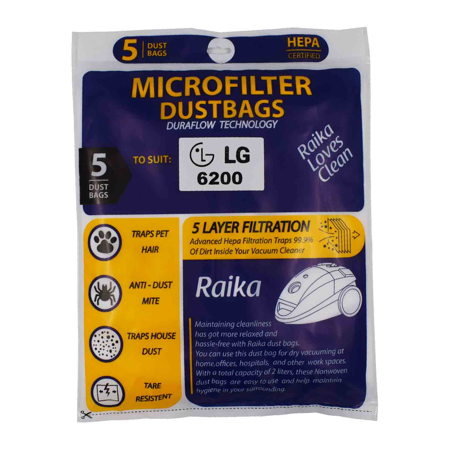 پاکت جاروبرقی رایکا مدل 6200 بسته 5 عددی مناسب جاروبرقی LG 6200