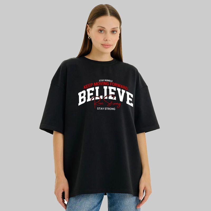 تی‌شرت آستین سه ربع زنانه مدل پنبه دورو طرح BELLEVE