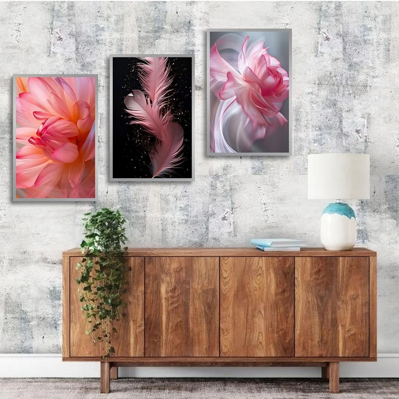 تابلو ساده بکلیت طرح پر و گل صورتی مدل شاین اکلیلی SI-2753 فریم نقره ای مجموعه 3 عددی