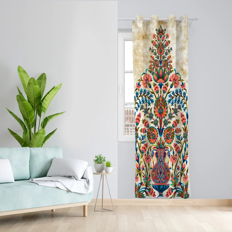 پرده طرح گل و گلدان مدل مخمل پانچی کد 4144 z سایز 140x200 سانتی متر