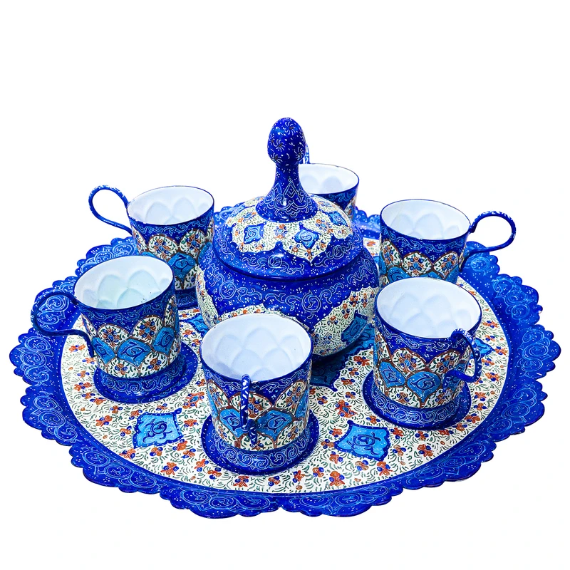 سرویس چای خوری 8 پارچه میناکاری مسی صنایع دستی فاخر مدل صفوی کد 34167
