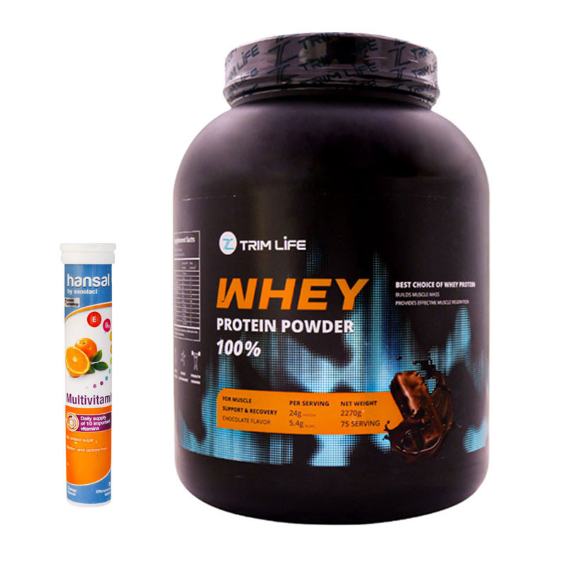 پودر پروتئین وی 100 درصد تریم لایف 2270 گرم به همراه قرص جوشان مولتی ویتامین هانسل 20 عددی