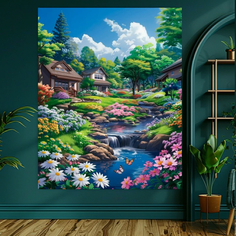  پوستر طرح مخمل منظره سرسبز مدل گل و پروانه کد AR303321