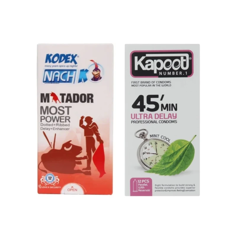 کاندوم خاردار کدکس مدل MATADOR بسته 12 عددی به همراه کاندوم تاخیری کاپوت مدل 45MIN بسته 12 عددی