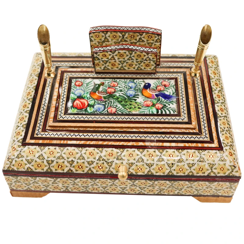 جا قلمی خاتم کاری مدل نقاشی گل و مرغ برجسته کد 14p19gr