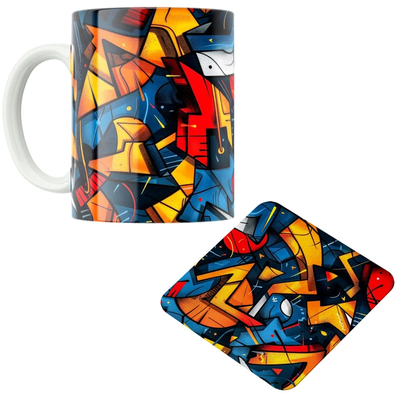 ماگ پاد آفرین مدل اشکال و خطوط رنگین کد DKC620 به همراه زیر لیوانی