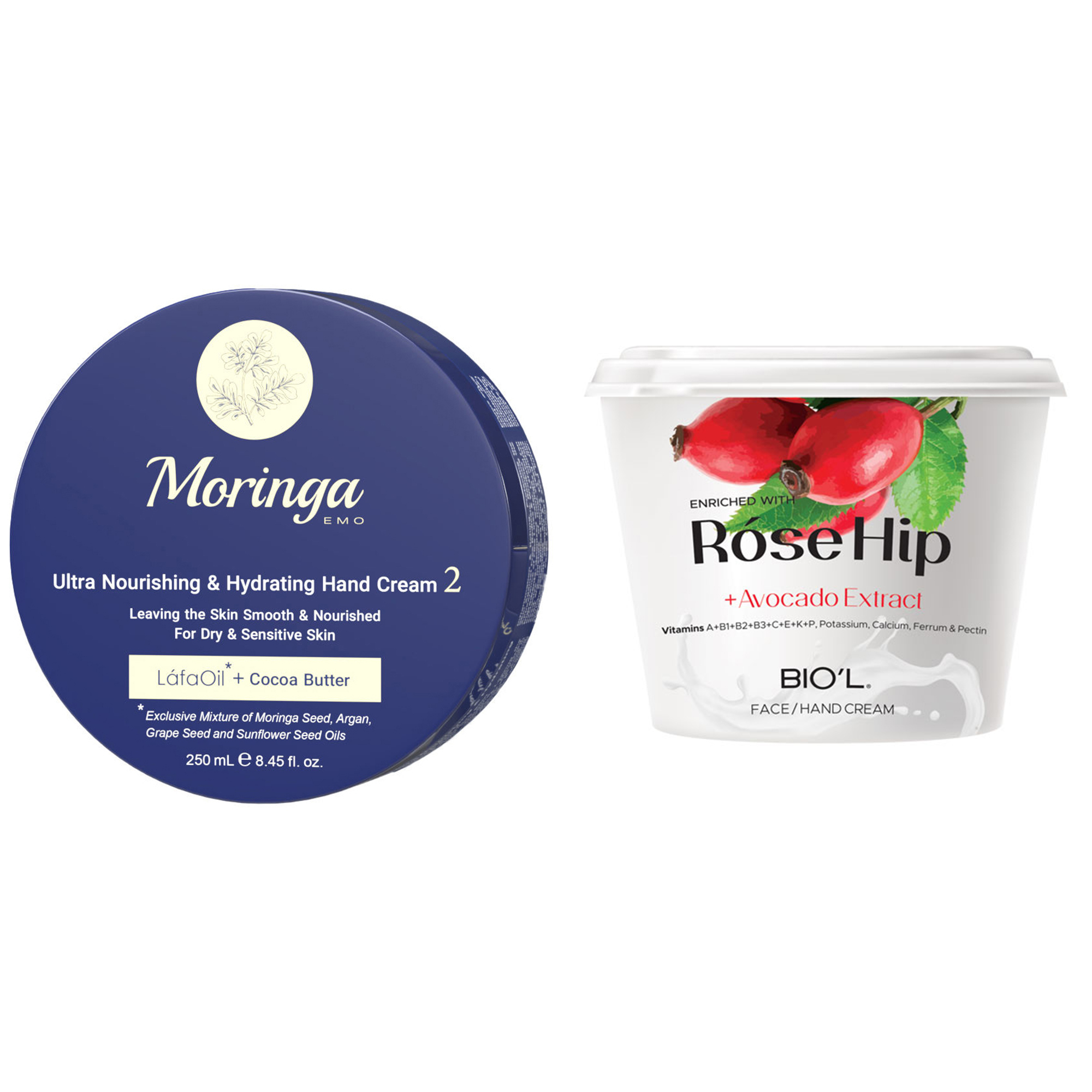 کرم آبرسان مورینگا امو مدل کره کاکائو حجم 250 میلی لیتر به همراه کرم مرطوب کننده بیول مدل Rose Hip حجم 250 میلی لیتر