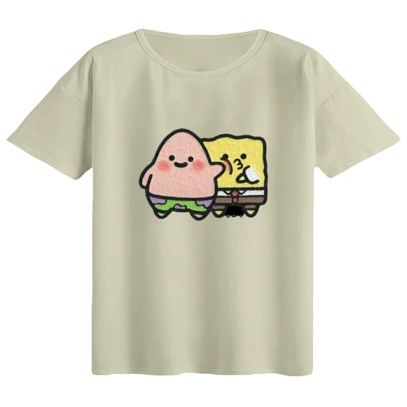 تی‌شرت اورسایز آستین کوتاه زنانه مدل باکسی طرح باب اسفنجی و پاتریک