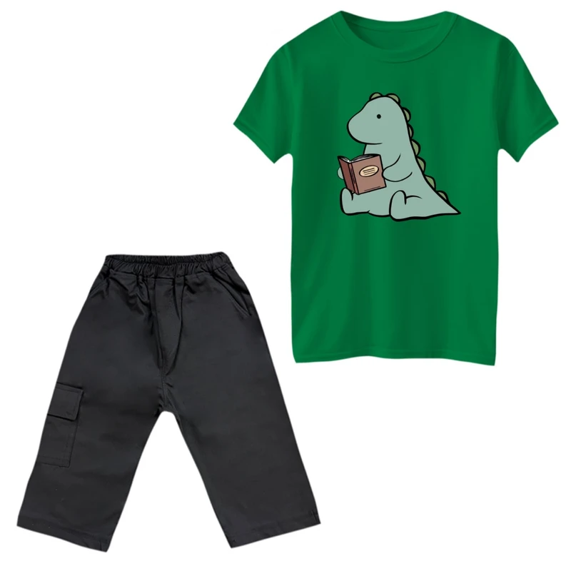 ست تی‌شرت و شلوارک پسرانه مدل دایناسور و کتاب
