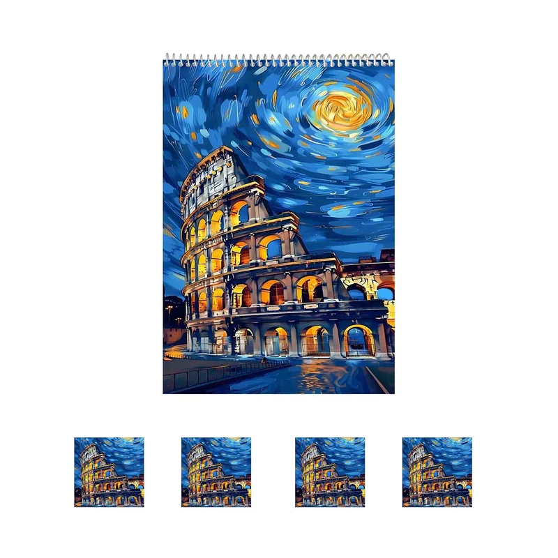 دفتر نقاشی 50 برگ مدل کولوسئوم در شب پرستاره کد A1 به همراه برچسب مجموعه 5 عددی