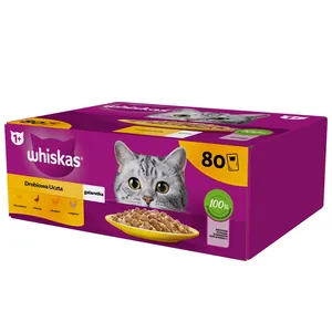 پوچ گربه ویسکاس مدل ژلی طعم میکس پرندگان وزن 85 گرم بسته 80 عددی