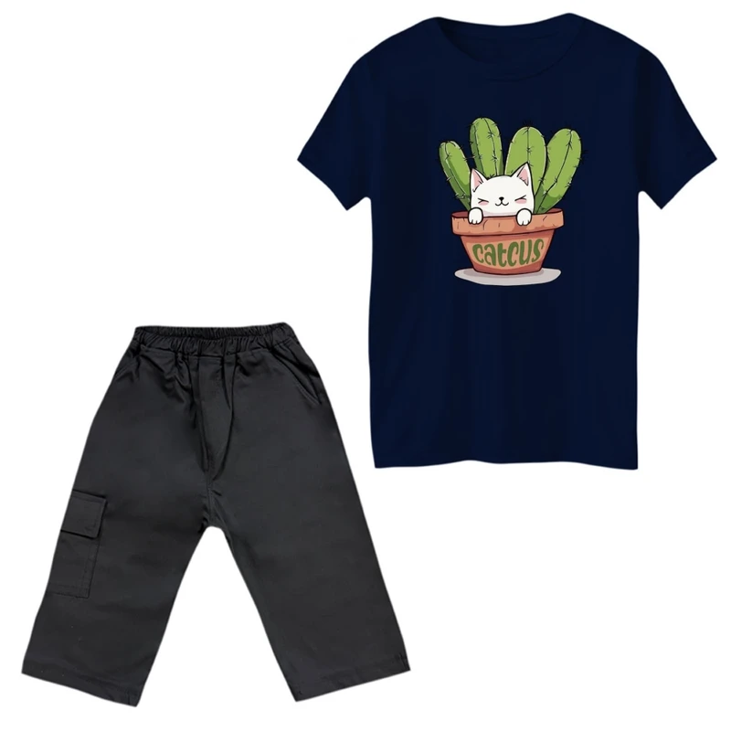 ست تی‌شرت آستین کوتاه و شلوارک دخترانه مدل کاکتوس و گربه کد 2