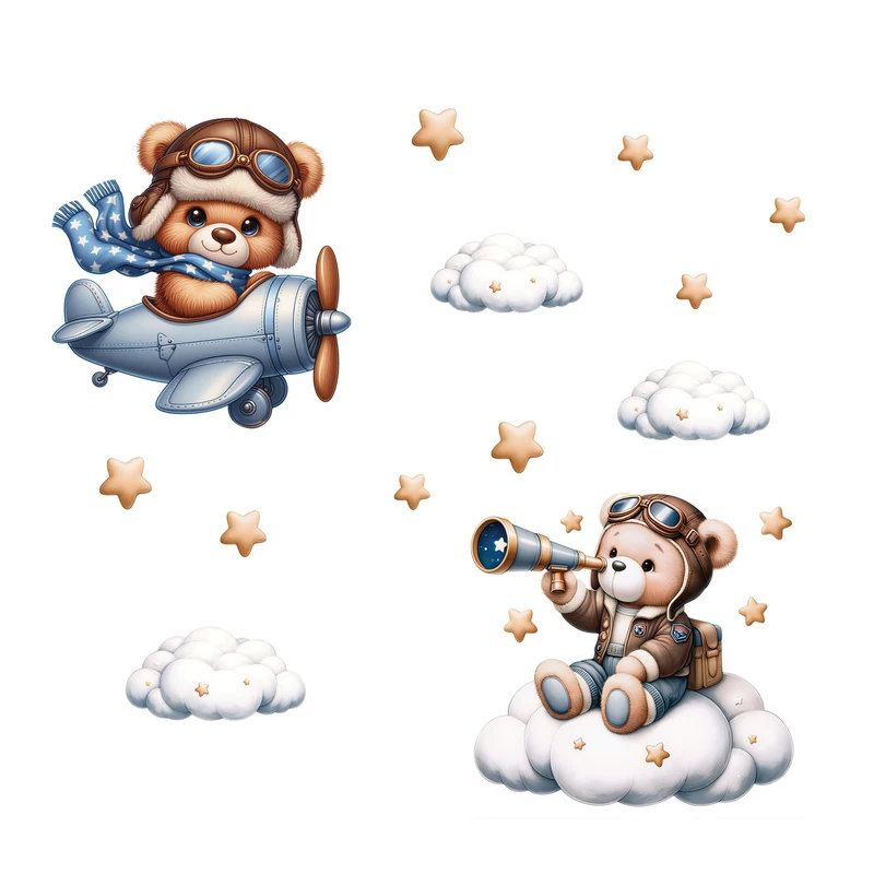 استیکر دیواری کودک باروچین مدل تدی خلبان کد 4263 مجموعه 18 عددی