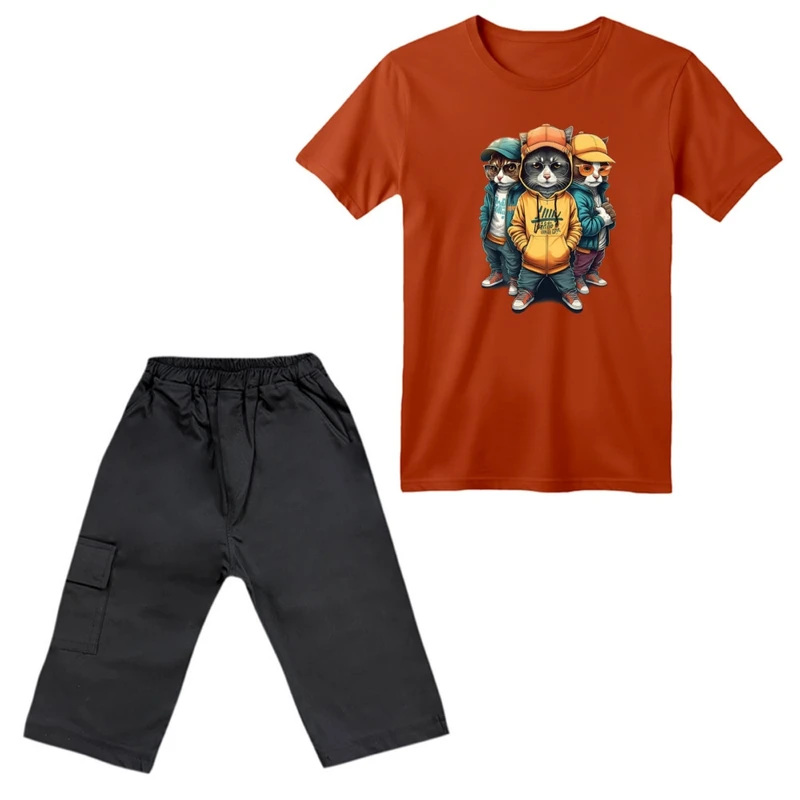 ست تی‌شرت آستین کوتاه و شلوارک پسرانه مدل گربه کد ۱۳