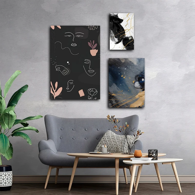 تابلو شاسی بکلیت طرح نقاشی مینیمال و سبک آبستره مدل SH-3176 مجموعه 3 عددی