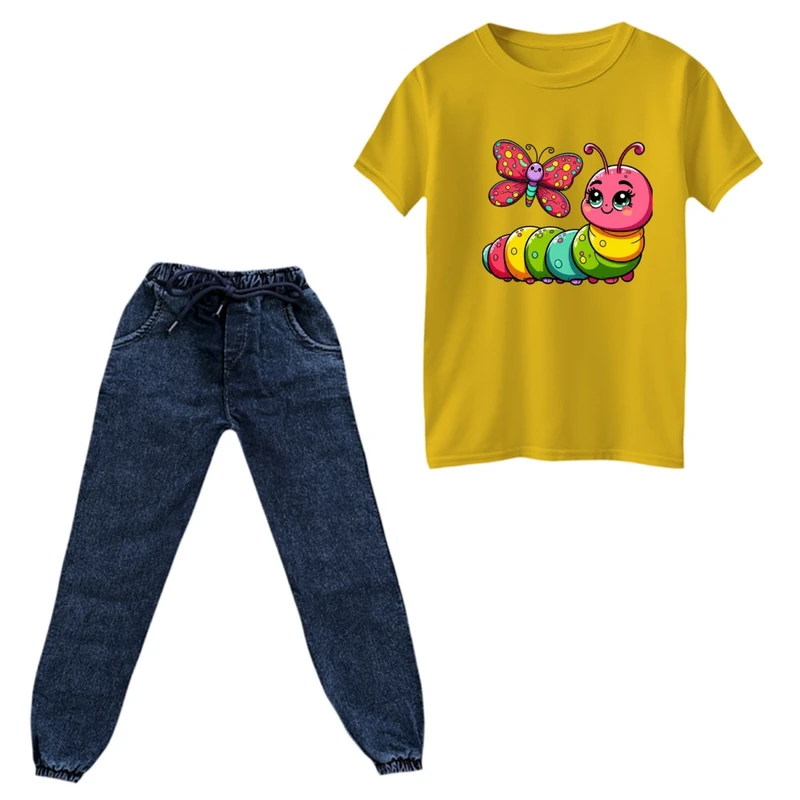 ست تی‌شرت و شلوار دخترانه مدل کرم ابریشم