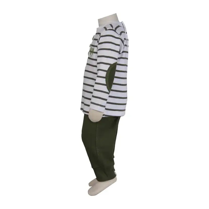 ست تی شرت آستین بلند و شلوار نوزادی آدمک مدل راه راه کد 117601 رنگ زیتونی