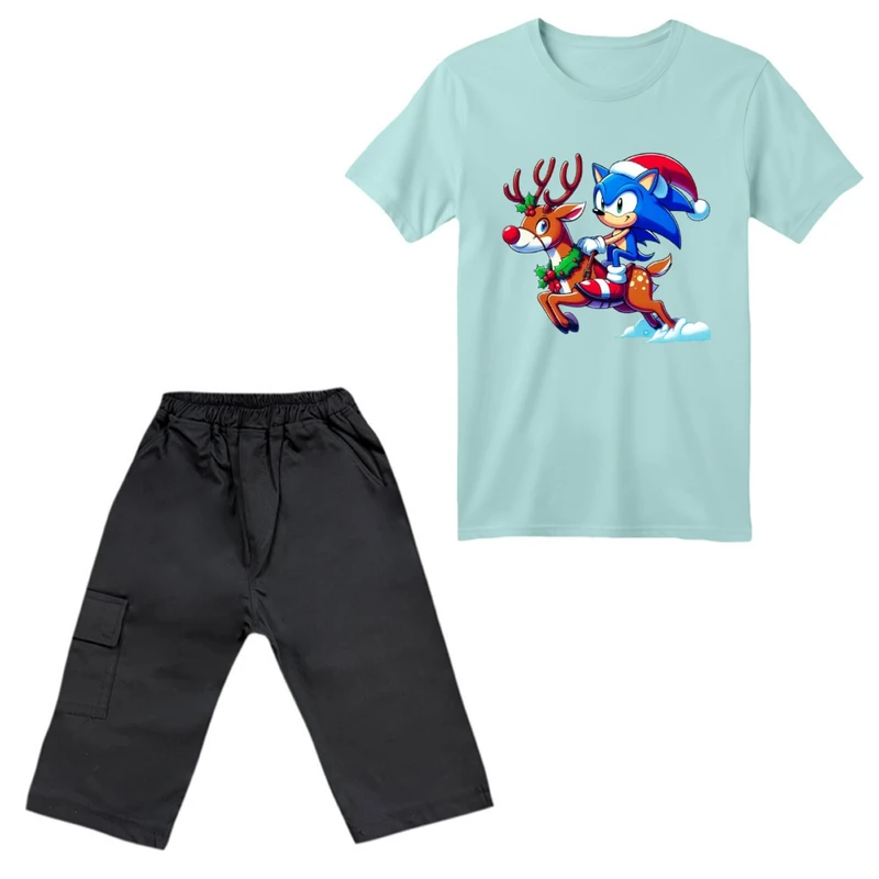 ست تی‌شرت آستین کوتاه و شلوارک پسرانه مدل سونیک کریسمس کد 2